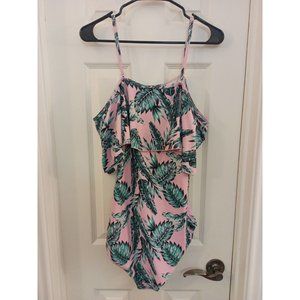 Women's Boutique Tropical Leaf Print Overlay Swimsuit One Piece Size XL